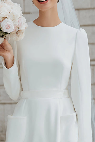 Crêpe ivoire une ligne Robe de mariée midi à manches longues avec poches
